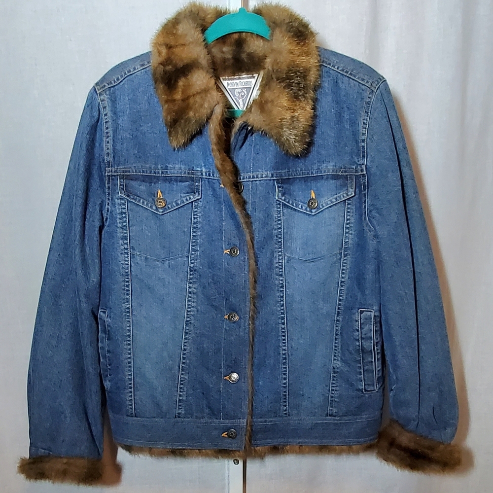 Vintage Women's Mavin Richards Faux Fur Lined Blue Denim Jacket Size L